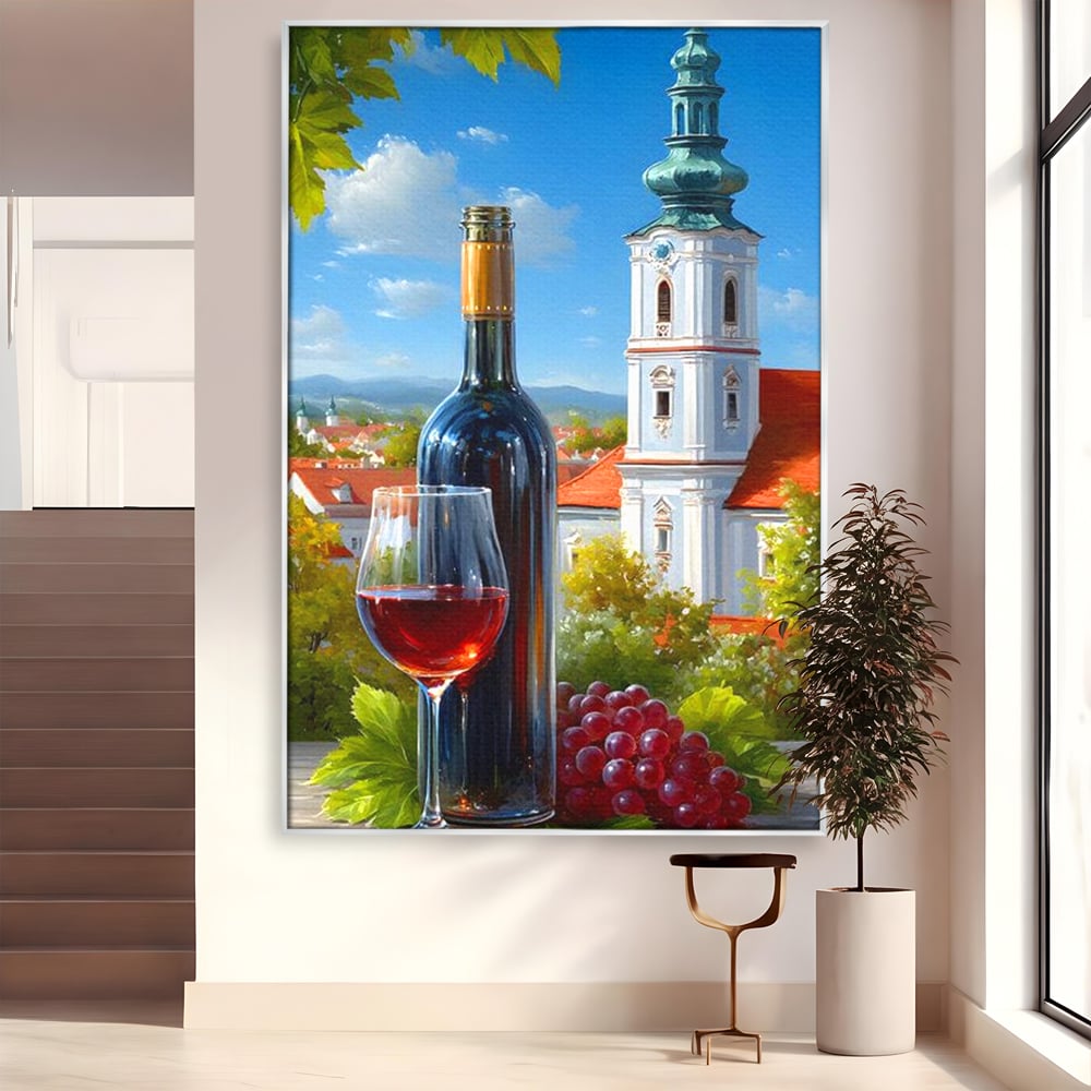 Tablou canvas cu pictura cu sticla de vin si manastire, in rama de aluminiu argintiu